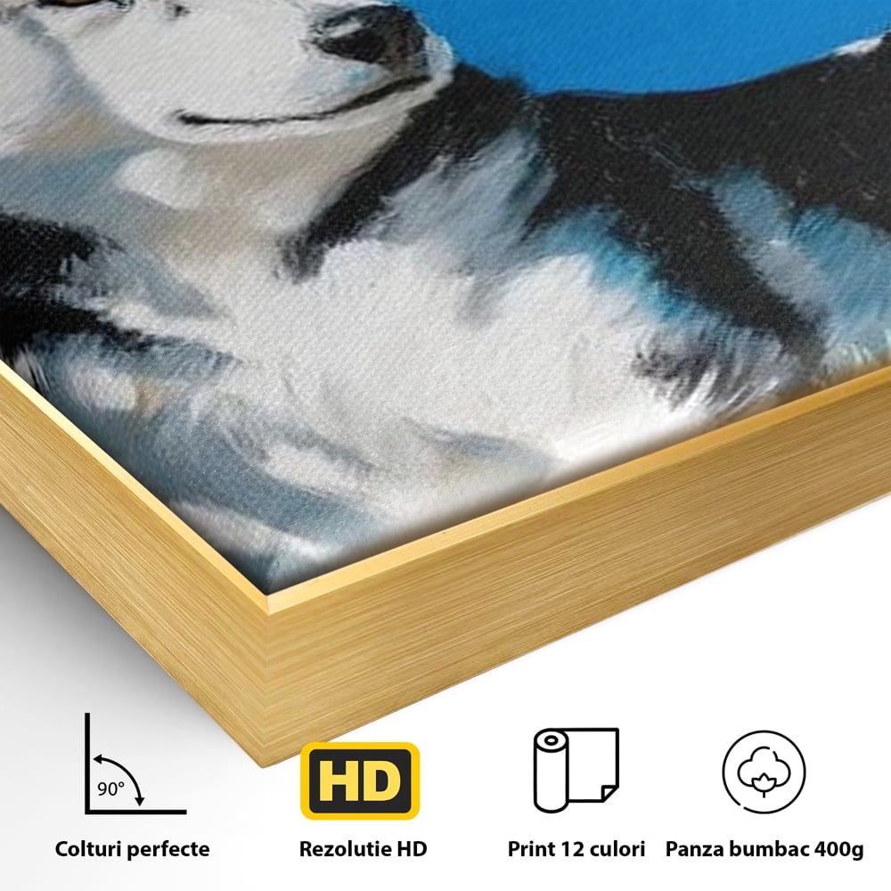 Detaliu al suprafetei: tablou canvas cu husky sub copac, in rama de aluminiu auriu